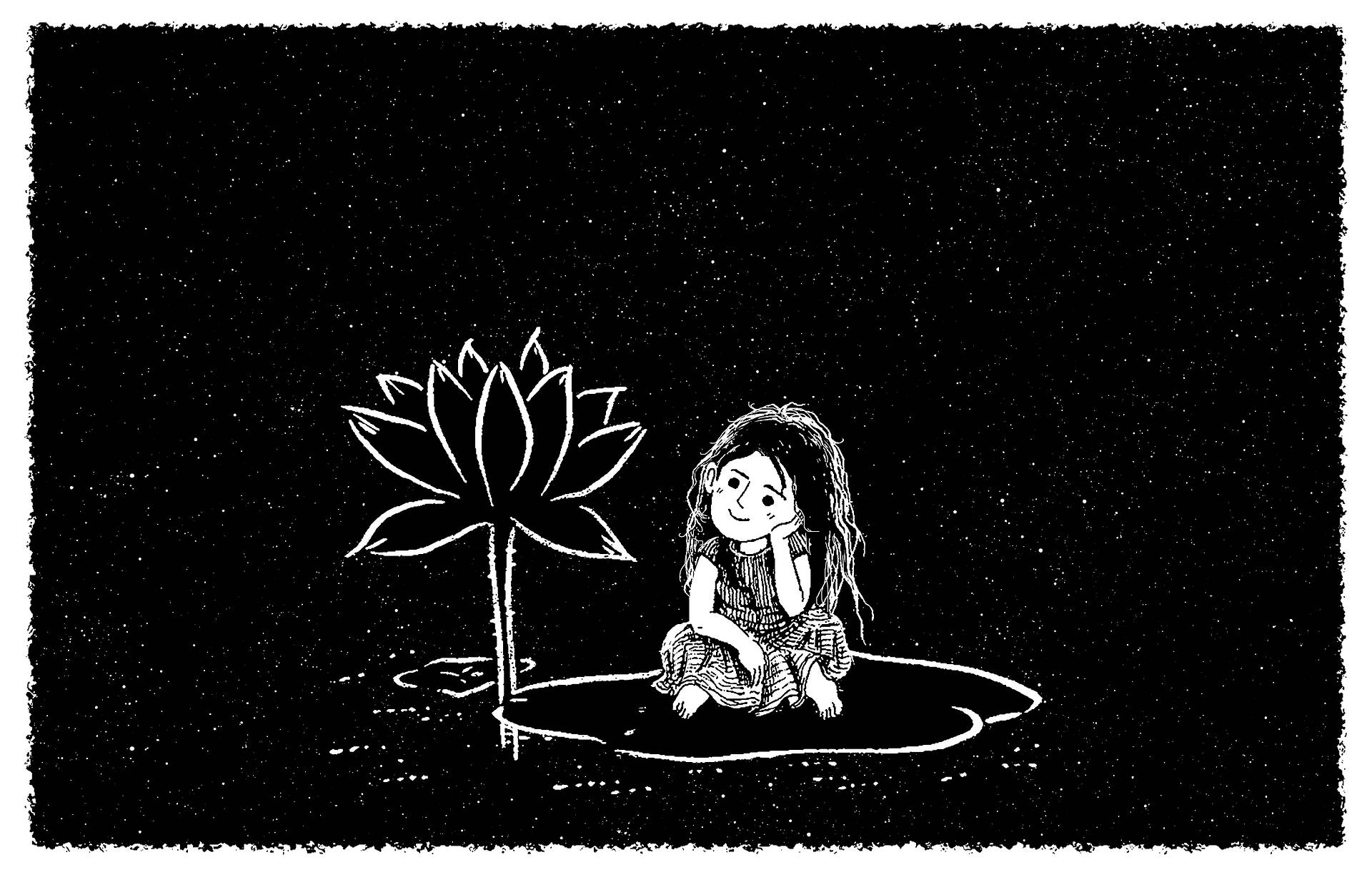 black and white sketch of a girl sitting on the ground looking contently at a large flower